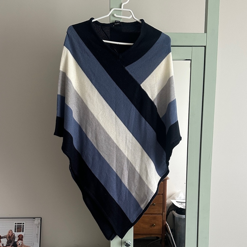 Striped V-Neck Poncho - Blue, Gray, and Cream